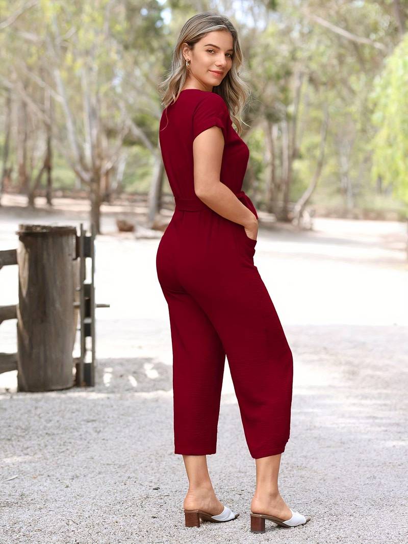 Pretty Girl Short Sleeve Belted V Neck Jumpsuit