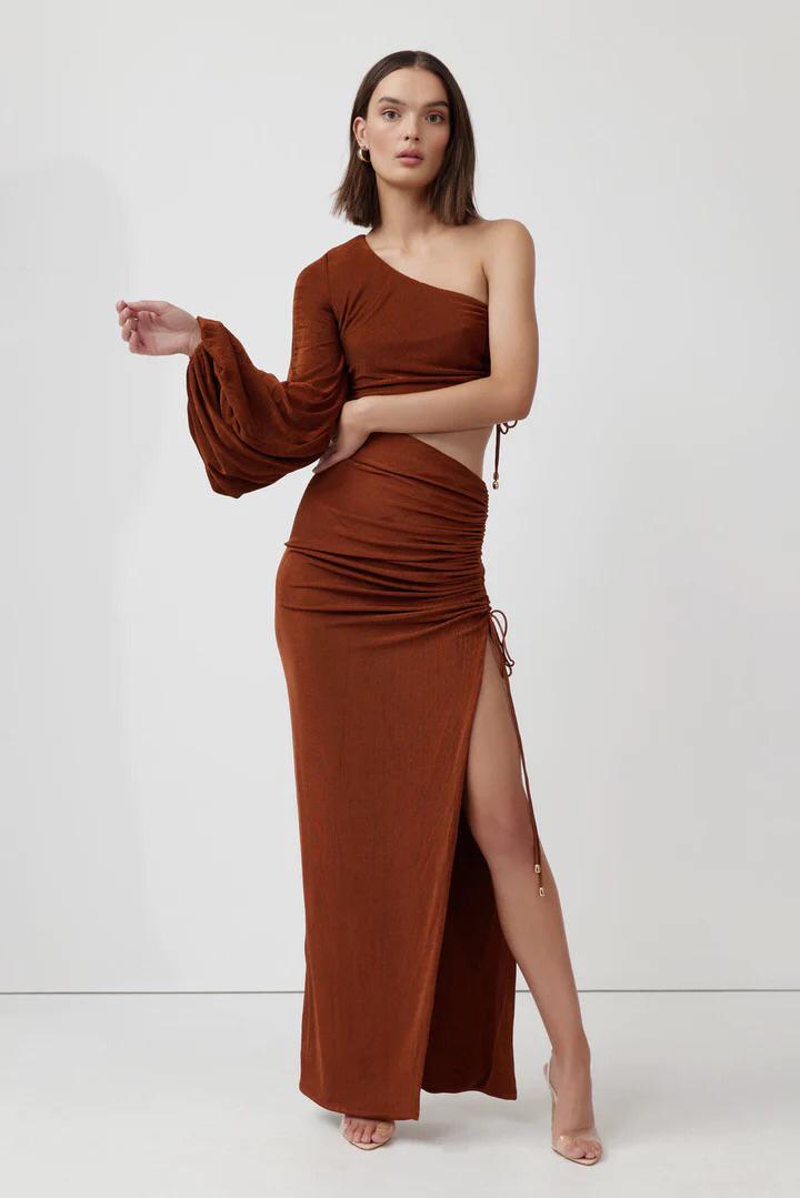 Rustic Brown Asymmetric Cut-Out Maxi Dress