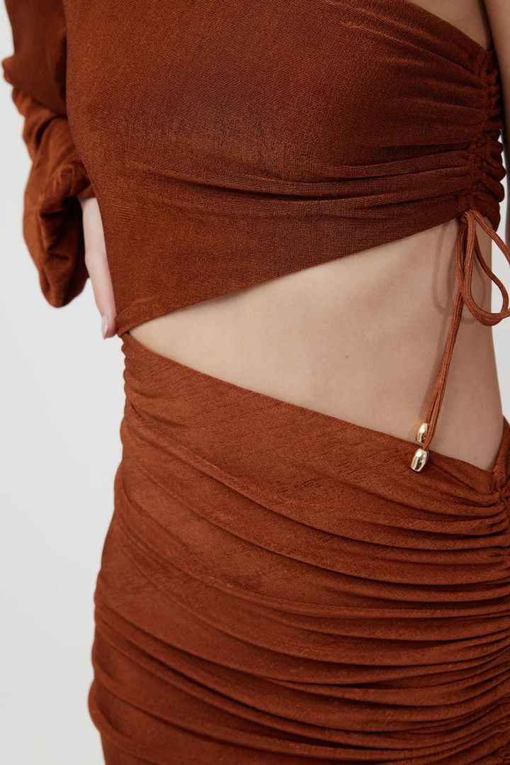 Rustic Brown Asymmetric Cut-Out Maxi Dress