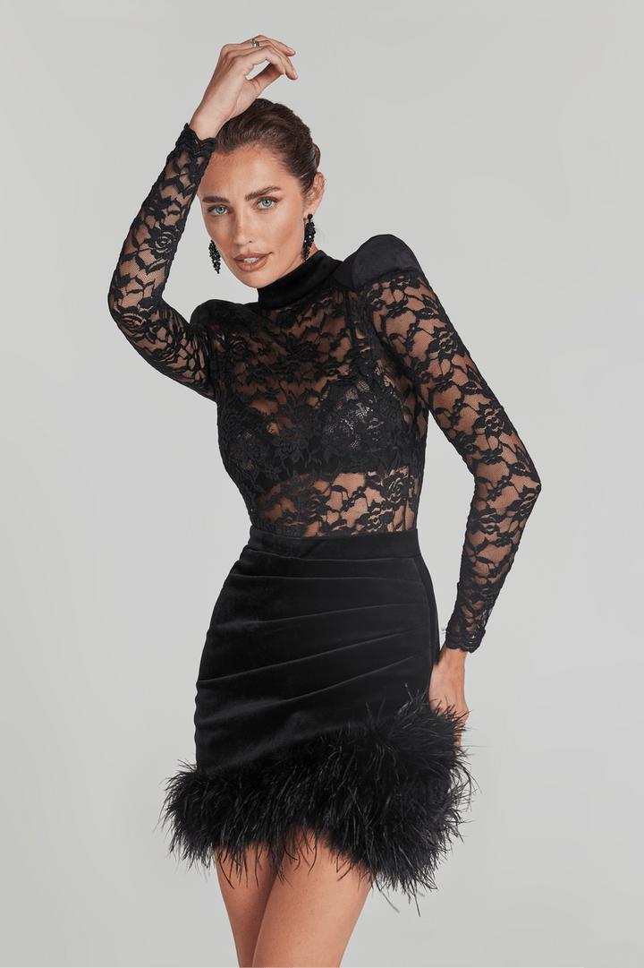 Midnight Velvet Elegance in Lace Mini Dress