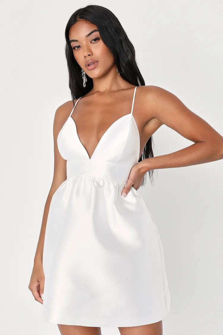 Whimsical Passion White Taffeta V-Neck Skater Mini Dress
