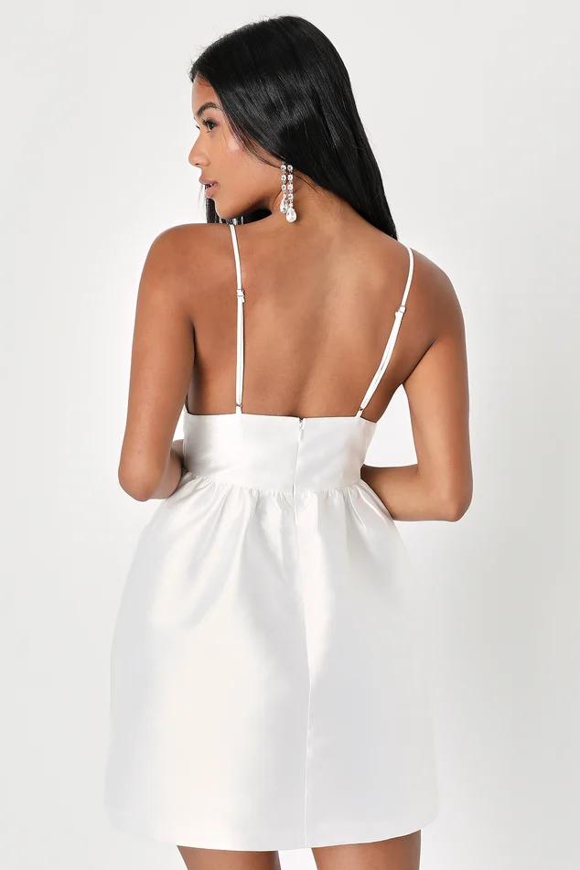 Whimsical Passion White Taffeta V-Neck Skater Mini Dress