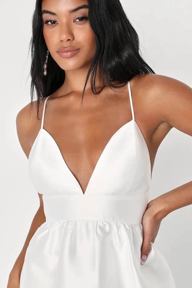Whimsical Passion White Taffeta V-Neck Skater Mini Dress