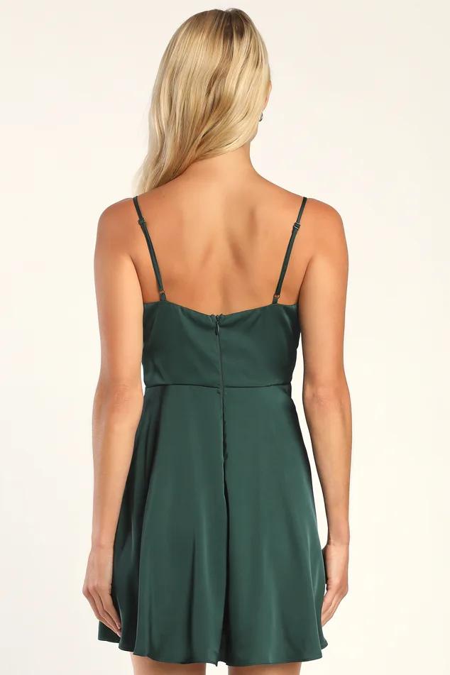 Fanciful Flirt Emerald Green Satin Cowl Neck Skater Mini Dress