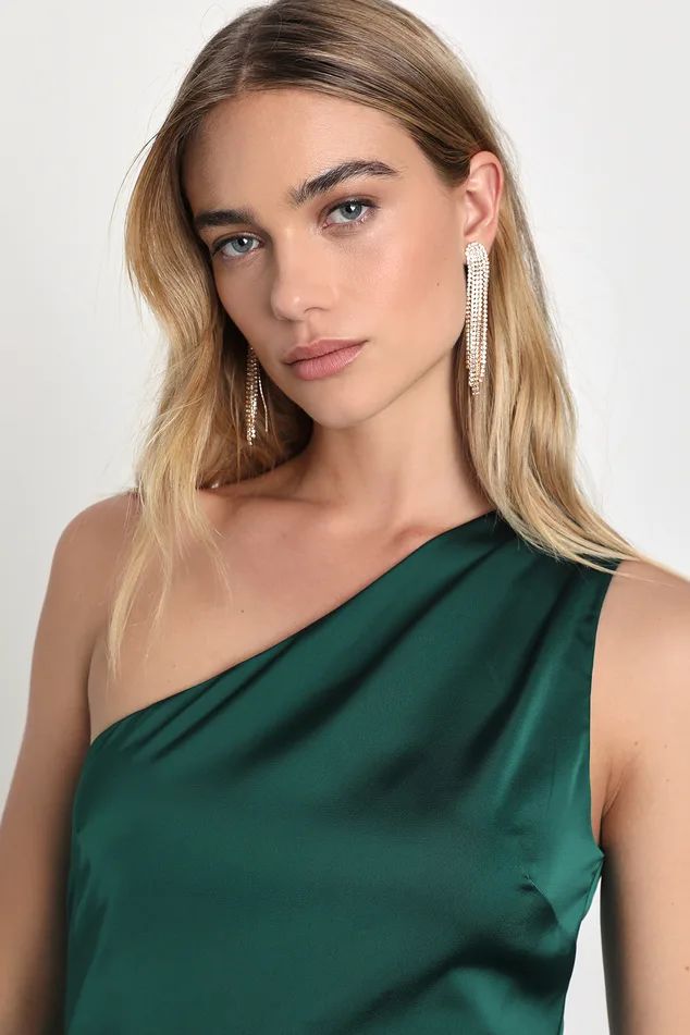 Love Me Tonight Emerald Green Satin One-Shoulder Mini DresS