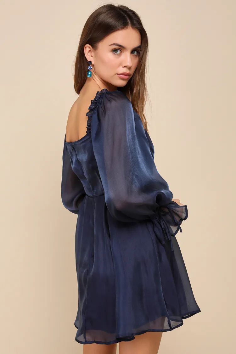 Darling Image Navy Chiffon Ruffled Off-the-Shoulder Mini Dress