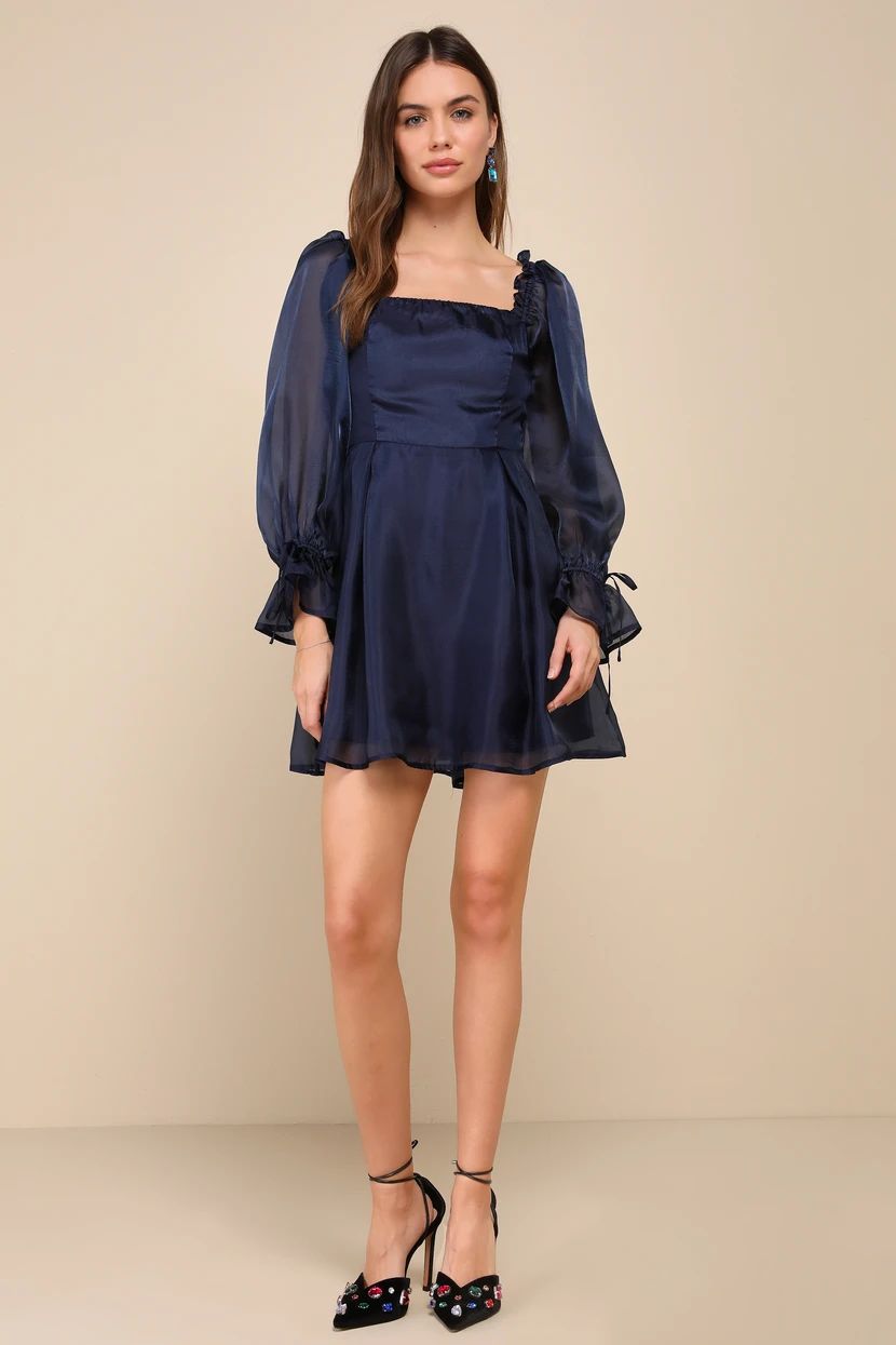 Darling Image Navy Chiffon Ruffled Off-the-Shoulder Mini Dress