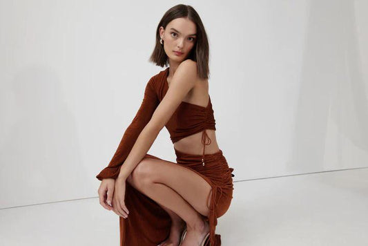 Rustic Brown Asymmetric Cut-Out Maxi Dress