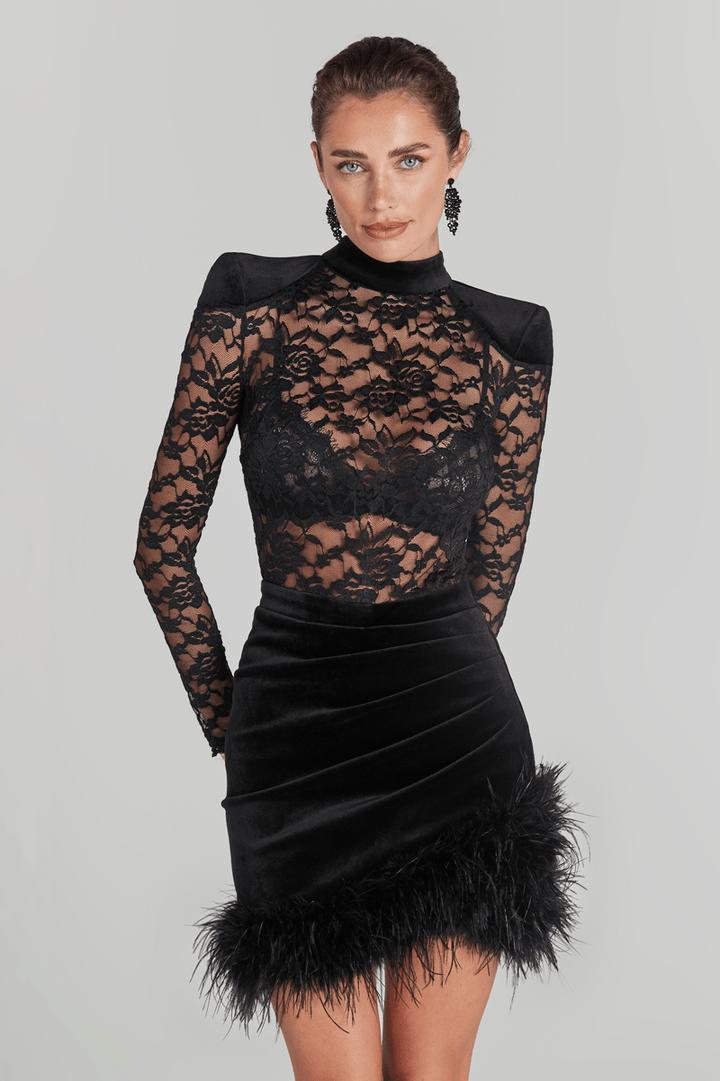 Midnight Velvet Elegance in Lace Mini Dress