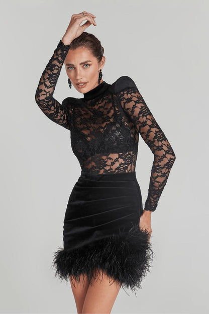 Midnight Velvet Elegance in Lace Mini Dress