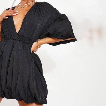 BLACK PUFF SLEEVE PUFFBALL HEM SHIFT DRESS