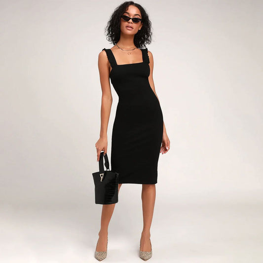 Persuasion Black Ruffled Bodycon Midi Dress Regular