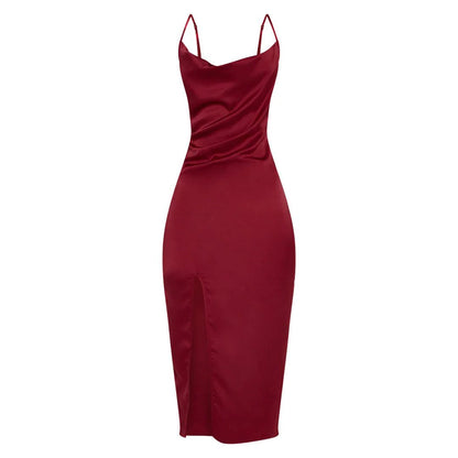 Burgundy Strappy Satin Cowl Midi Dress