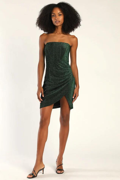 Sensational Shine Emerald Green Strapless Mini Dress