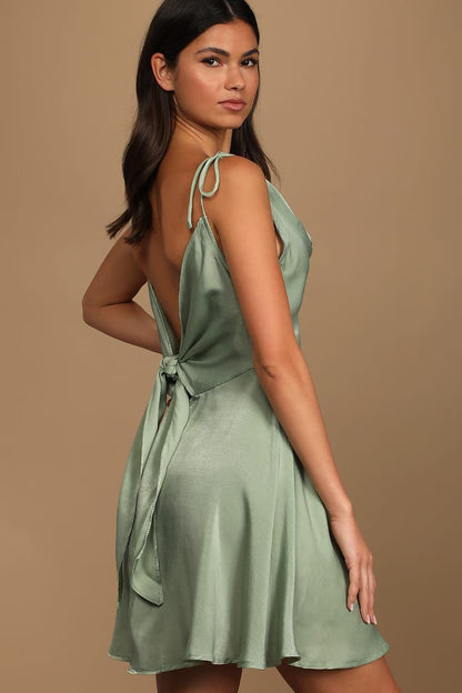 Party With Babe Green Satin Tie-Back Mini Dress