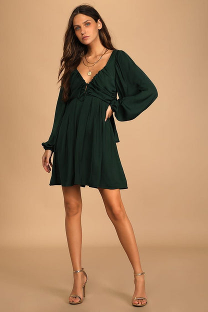 Rise to the Occasion Emerald Green Satin Tie-Back Mini Dress
