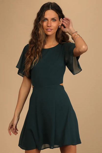 Blissful Love Dark Green Cutout Mini Skater Dress