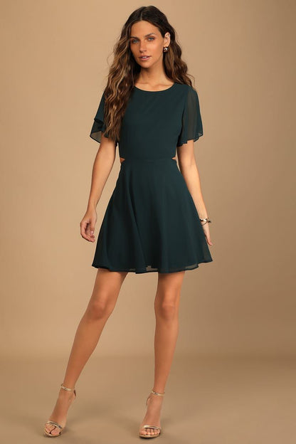 Blissful Love Dark Green Cutout Mini Skater Dress