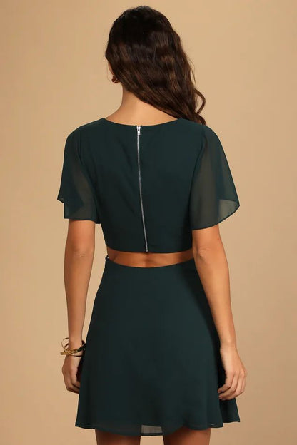 Blissful Love Dark Green Cutout Mini Skater Dress