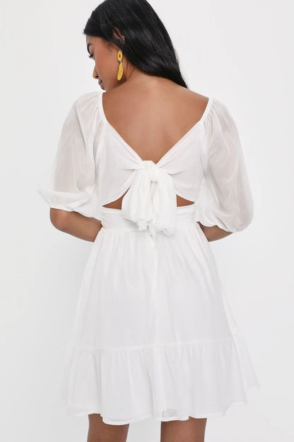 Close To You White Puff Sleeve Tie-Back Chiffon Mini Dress