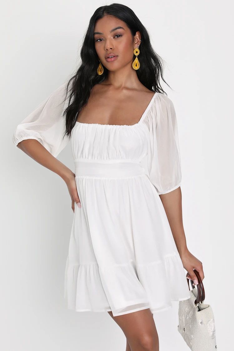 Close To You White Puff Sleeve Tie-Back Chiffon Mini Dress