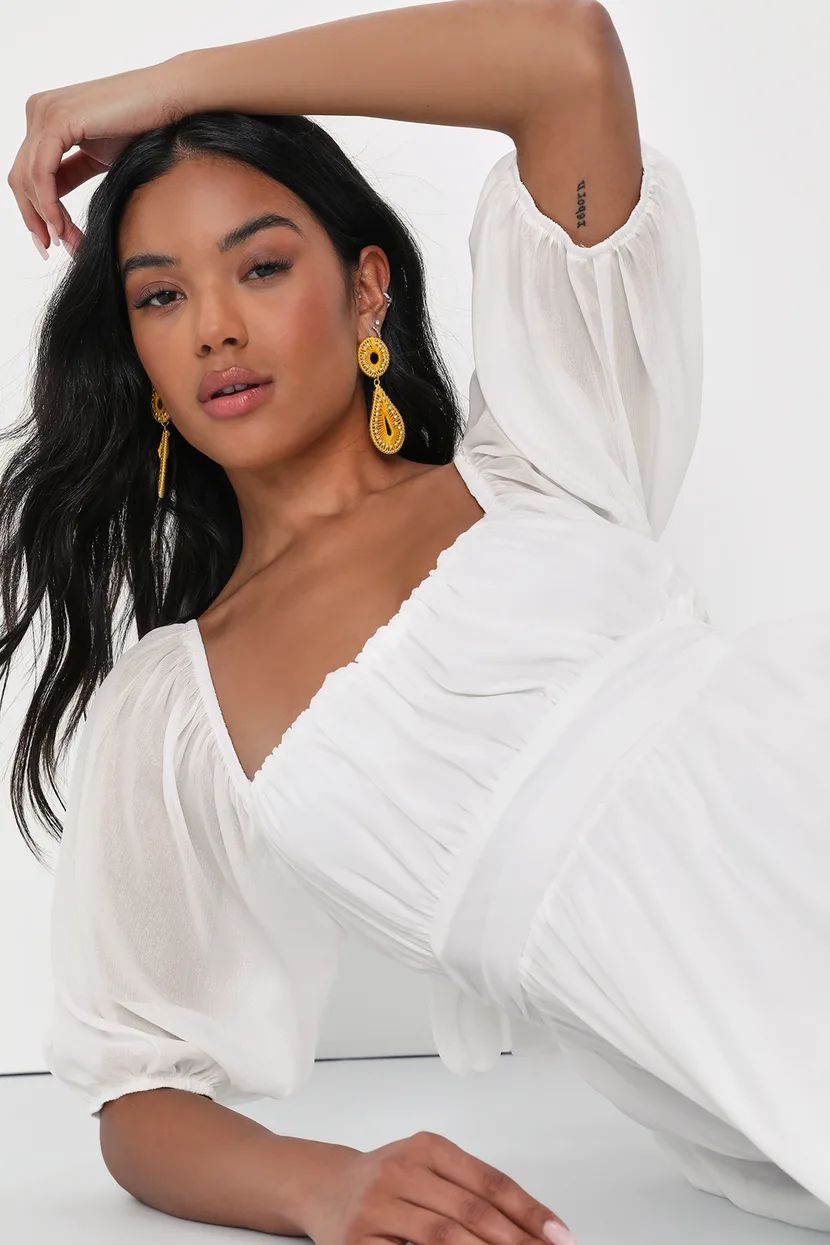 Close To You White Puff Sleeve Tie-Back Chiffon Mini Dress