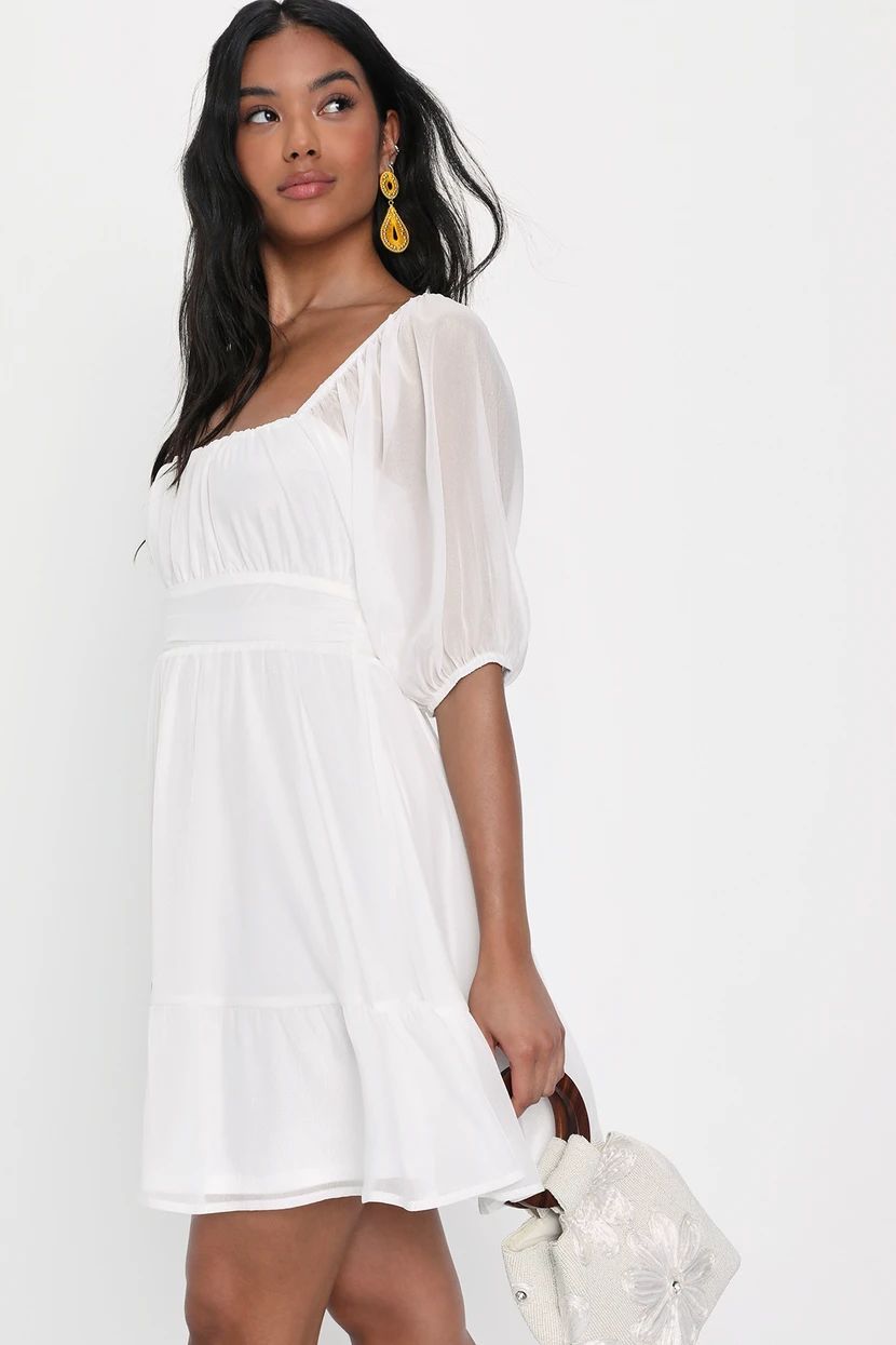 Close To You White Puff Sleeve Tie-Back Chiffon Mini Dress