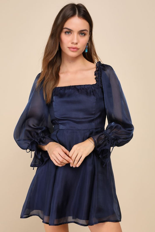 Darling Image Navy Chiffon Ruffled Off-the-Shoulder Mini Dress