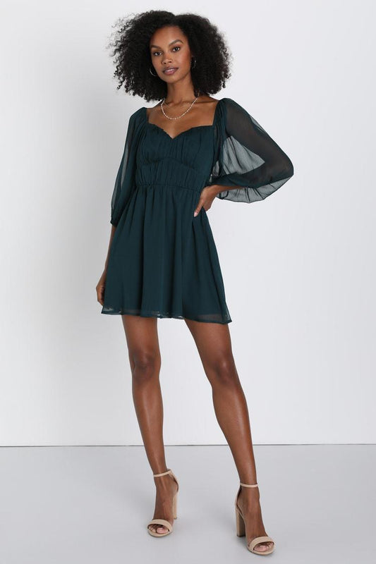 Vivacious Arrival Emerald Chiffon Balloon Sleeve Mini Dress